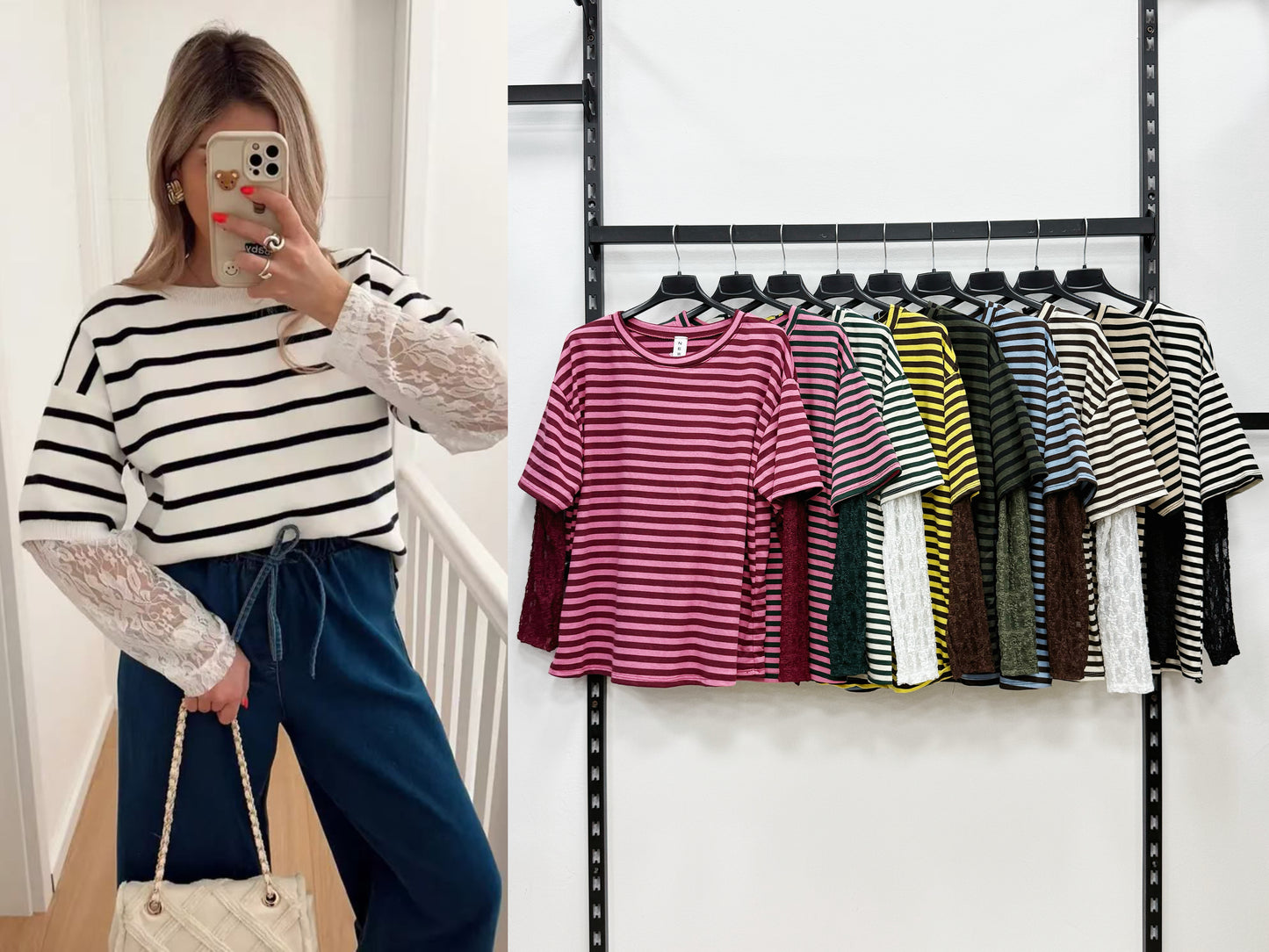 MAGLIETTA A MANICHE LUNGHE IN PIZZO A RIGHE