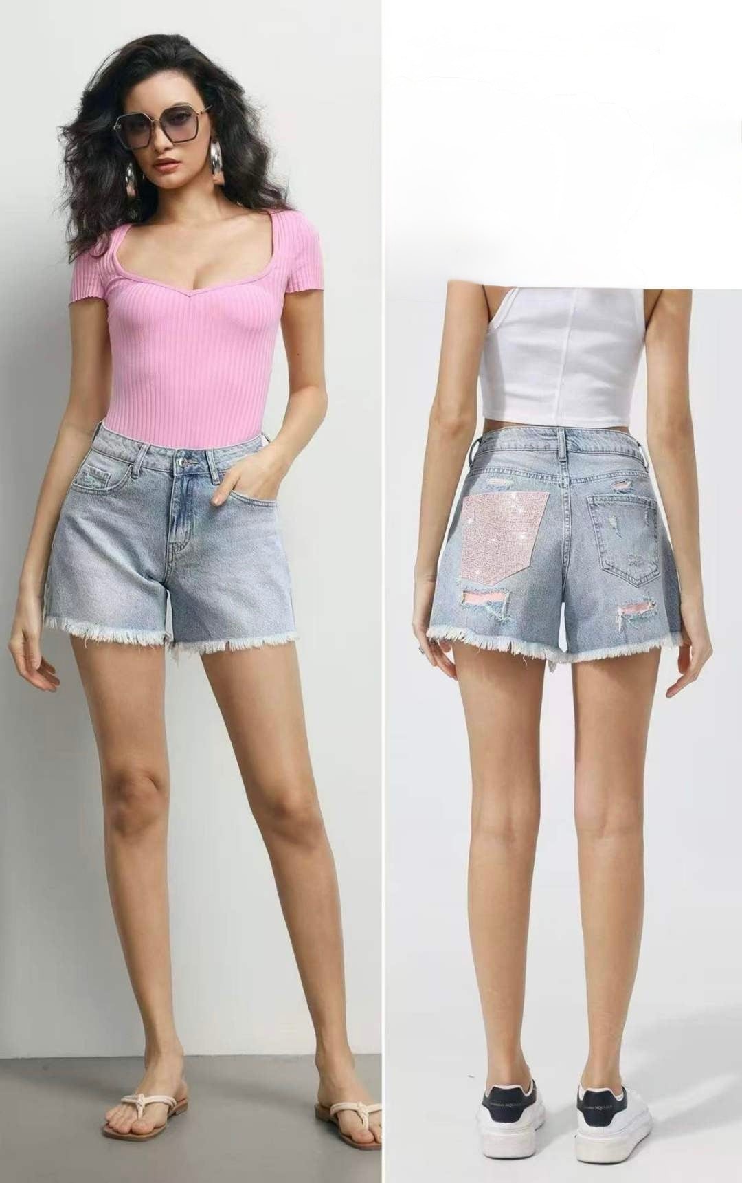 SHORT DI JEANS CON TASCA ROSSA CON BRILLANTINI