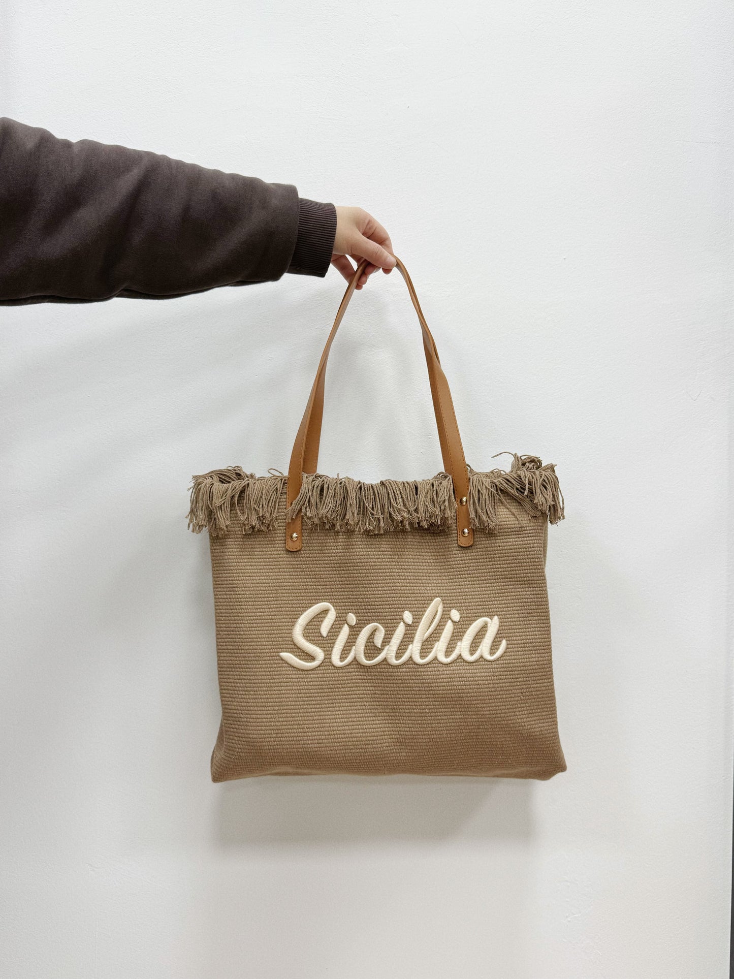 BORSA IN PAGLIA IN RICAMATE SCRITTO SICILIA