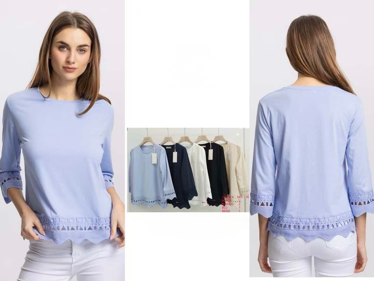 MAGLIETTA A MANICHE 3/4 A GIROCOLLO CON PIZZO DI COTONE