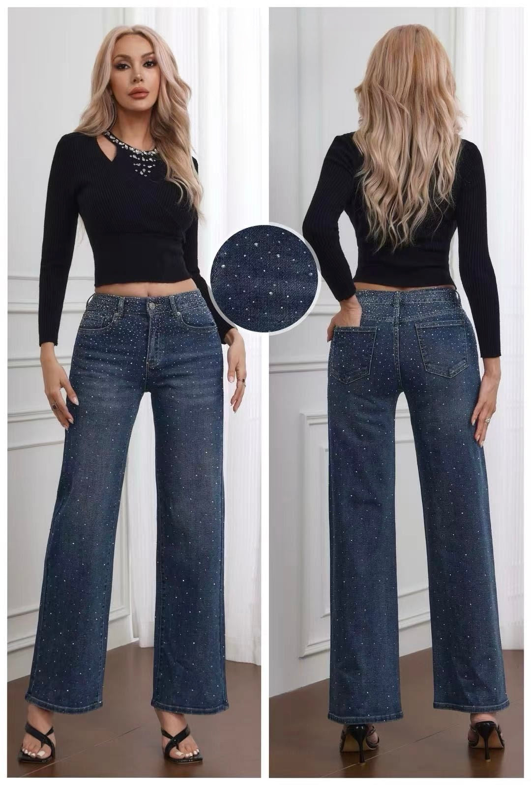JEANS WIDE LEG CON PIENO DI BRILLANTINI