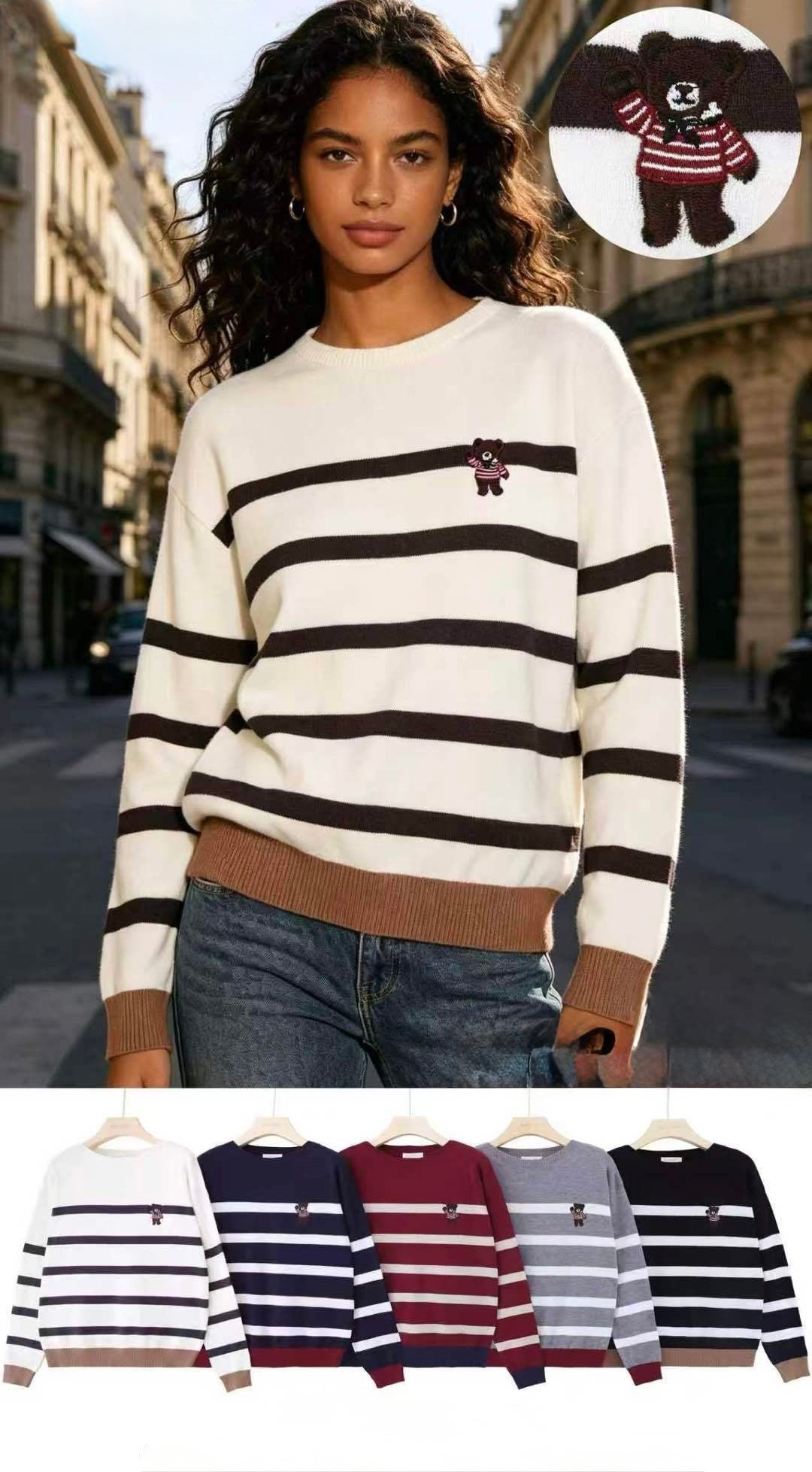 MAGLIONE DI LANA RASATA A RIGHE CON RICAMATO DI ORSO