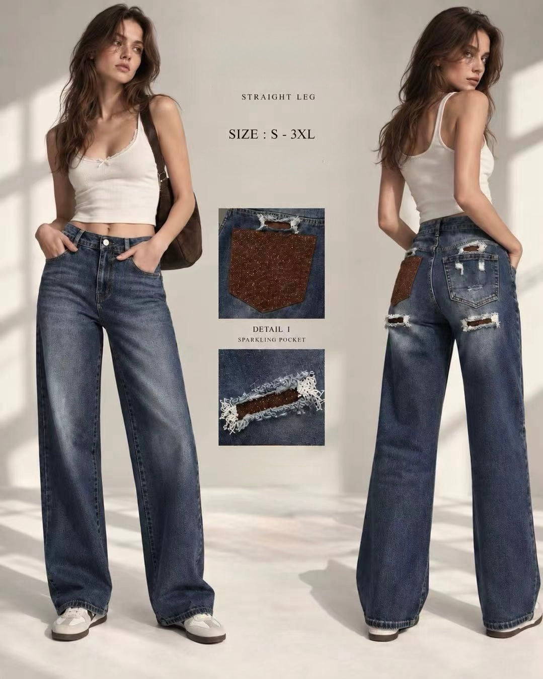 JEANS WIDE LEG CON TASCHE BRILLANTINI MARRONE TAGLIA CURVY