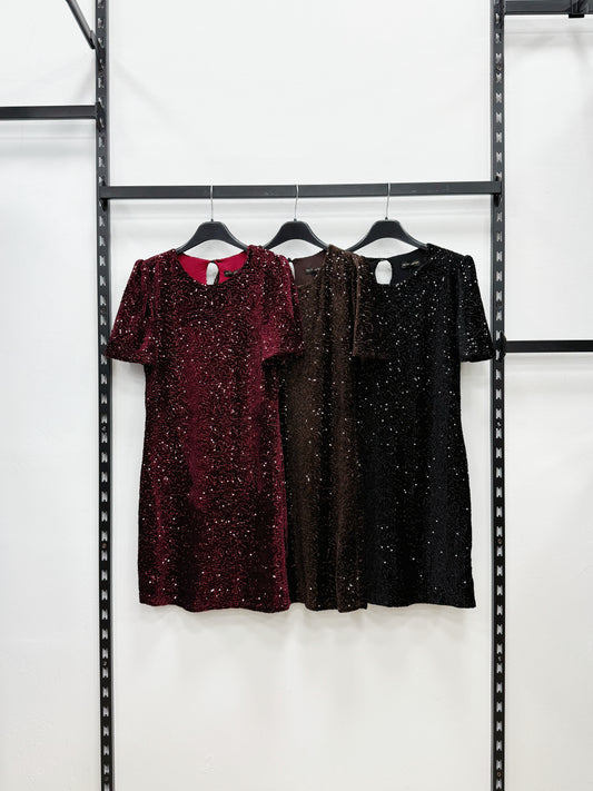VESTITO IN VELLUTO CON PAILLETTES A MEZZA MANICHE A SBUFFO