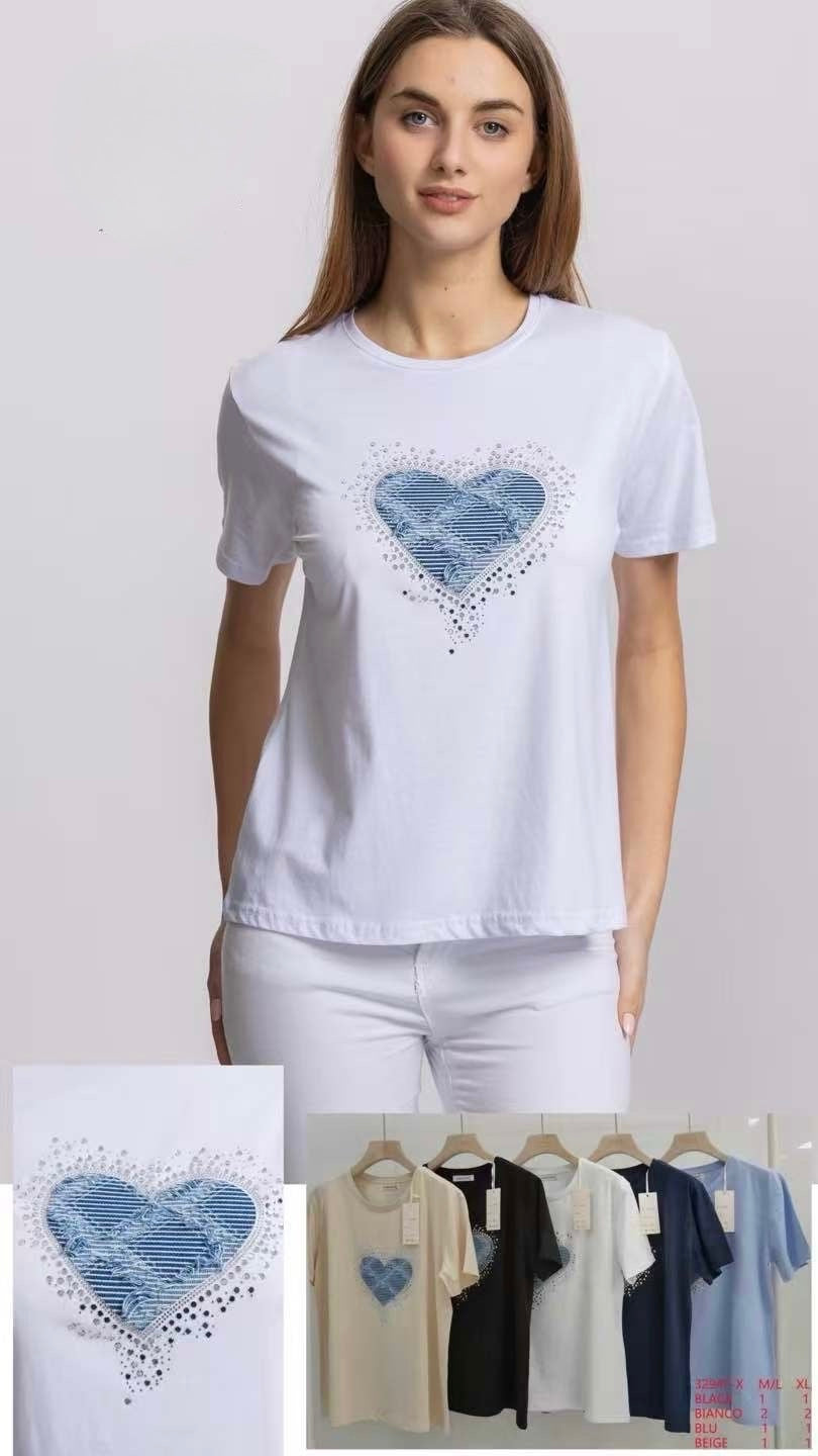 T-SHIRT CON TESSUTO DI JEANS FORMA DI CUORE CON BRILLANTINI
