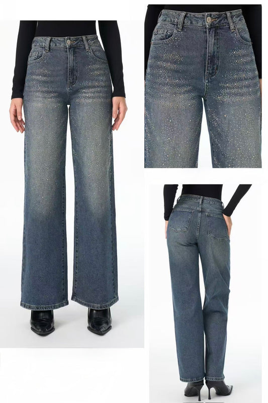 JEANS A GAMBE LARGHE E DRITTO CON PIENO DI STRASS