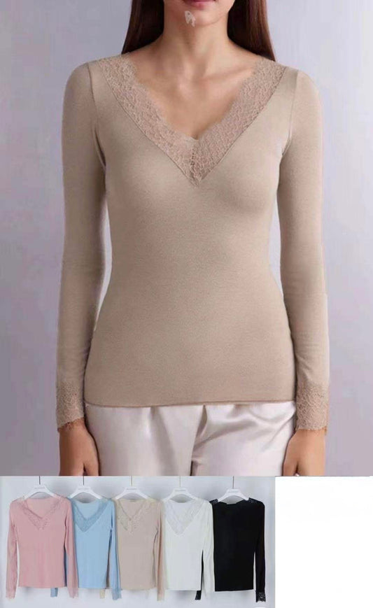 MAGLIETTA SCOLLO V CON PIZZO A MANICHE LUNGHE DI COTONE