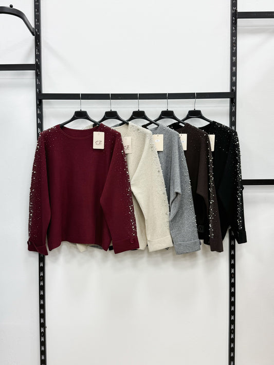 MAGLIERIA A MANICHE LUNGHE CON BRILLANTINI E PERLINE