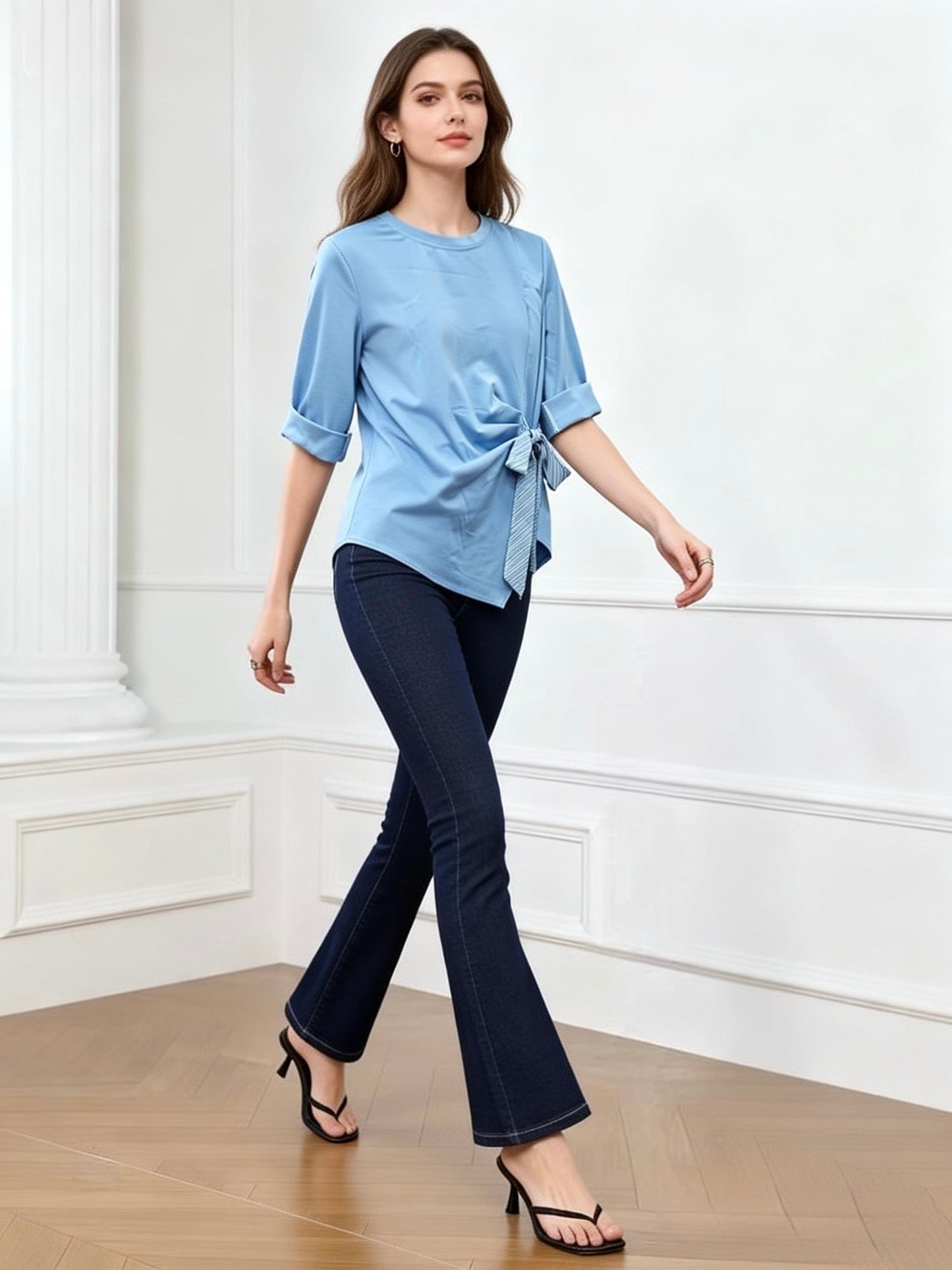 MAGLIETTA DI COTONE A MANICHE 3/4 DI LATO LACCIATO