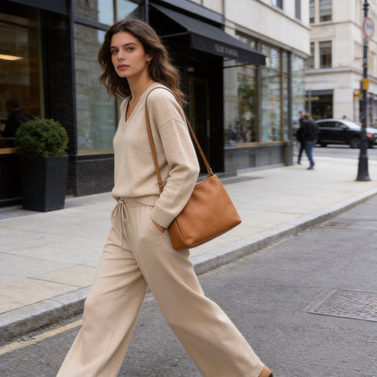 SET VIACOSA MAGLIETTA A SCOLLO V A MANICHE LUNGHE A STRISCE IN LUREX E PANTALONE A GAMBE LARGHE E DRITTA