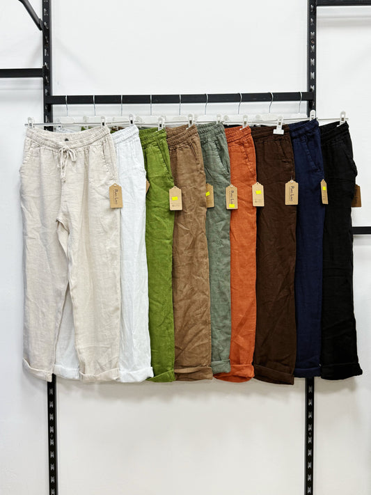 PANTALONE A SIGARETTA CON SVOLTATO 100% DI LINO
