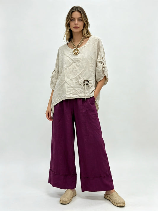 PANTALONE 100% DI LINO CON SVOLTATO CON CINTURA