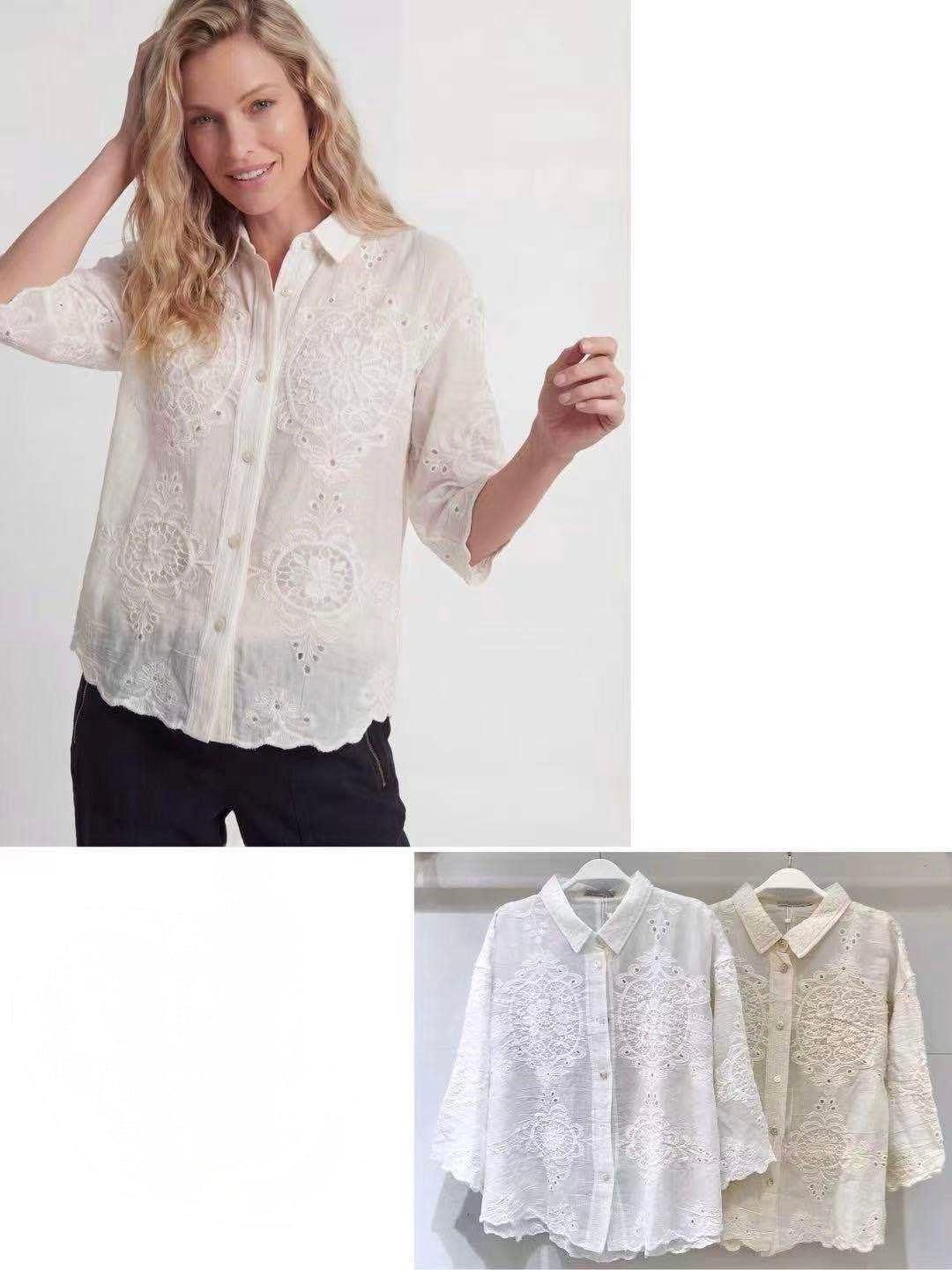 CAMICIA DI COTONE RICAMATA A MANICHE 3/4