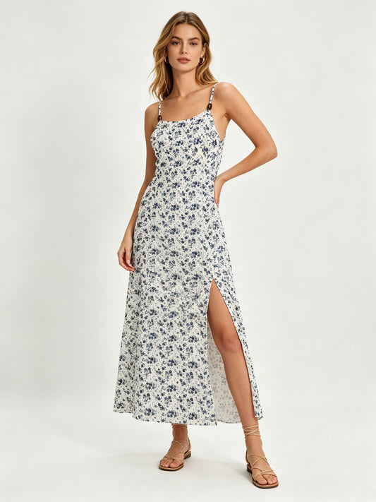 VESTITO LUNGO A FIORI A BRETELLE CON PALLINE DI LEGNO