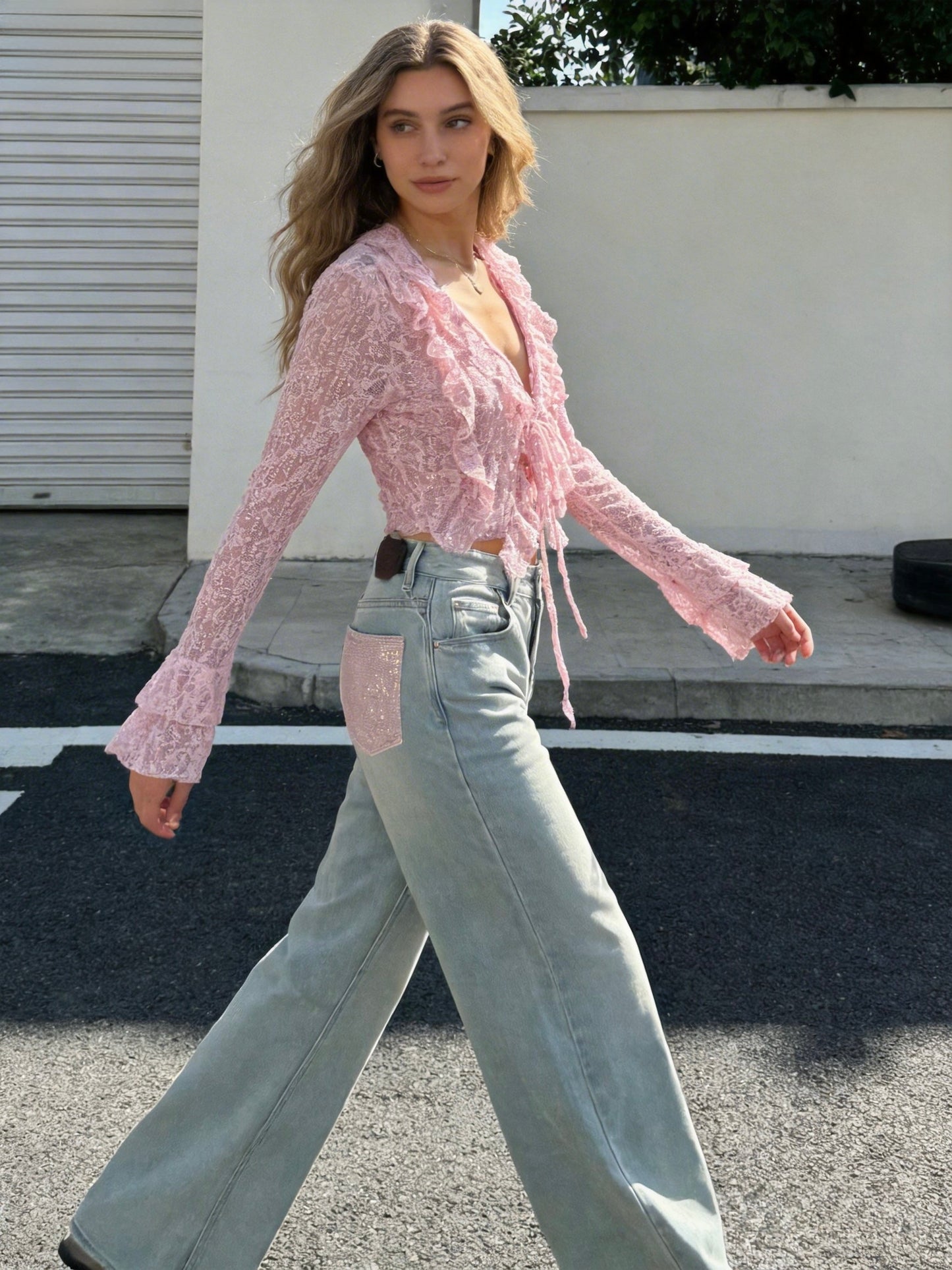 JEANS WIDE LEG CON TASCHE BRILLANTINI ROSSE