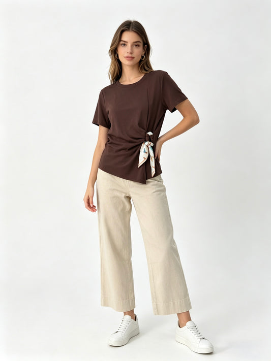 T-SHIRT CON LACCI DI FOULARD DI RASO DISEGNI CANI