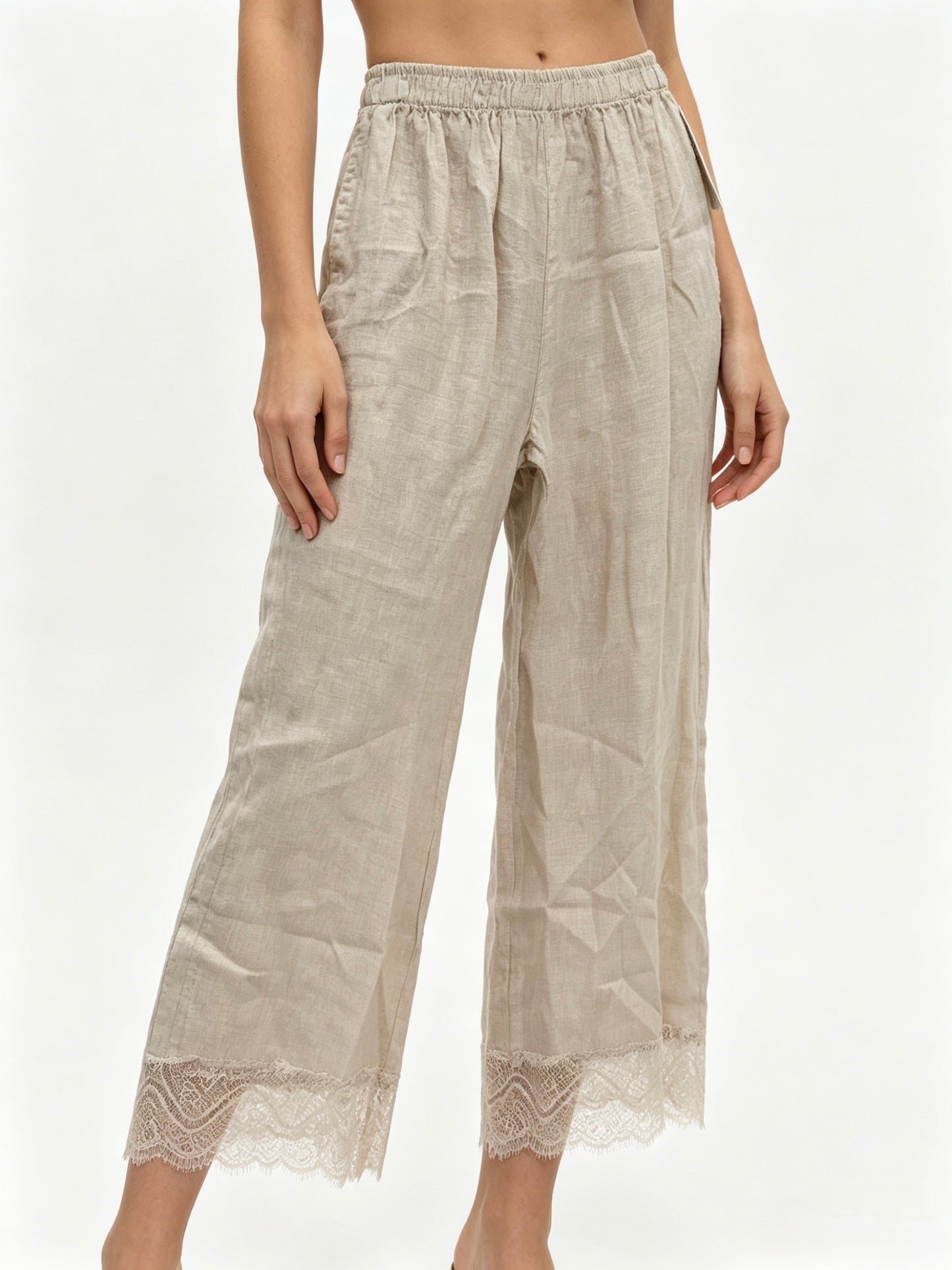 PANTALONE 100% DI LINO ALLA CAVIGLIA CON PIZZO