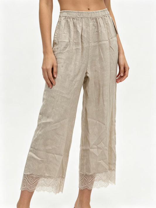 PANTALONE 100% DI LINO ALLA CAVIGLIA CON PIZZO