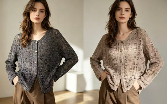 CARDIGAN TRAFORATA IN LUREX CON BOTTONI DI LEGNO