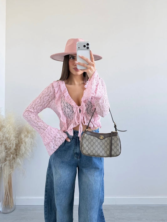 CARDIGAN CORTO IN PIZZO A MANICHE LUNGHE A VOLANT