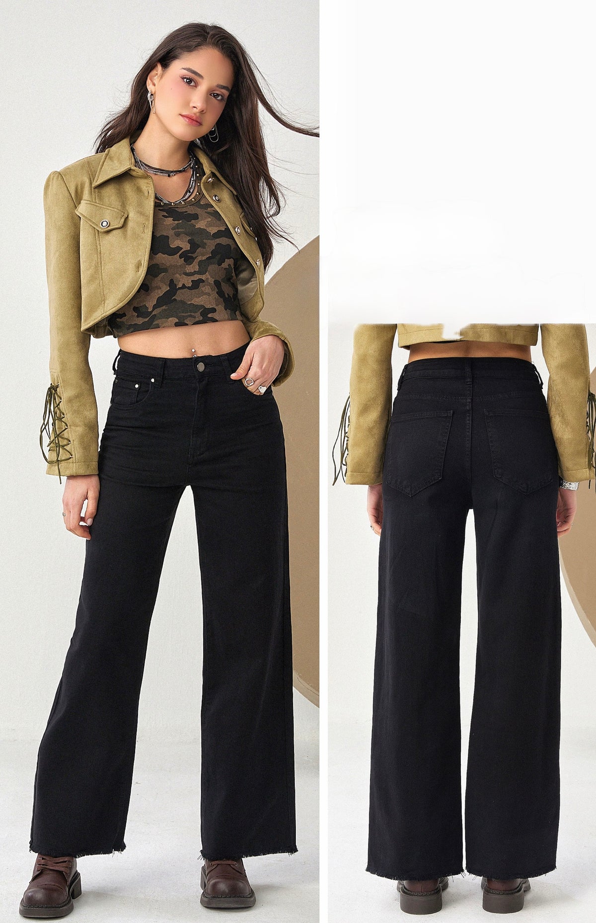 JEANS WIDE LEG NERO CON SFRANGIA