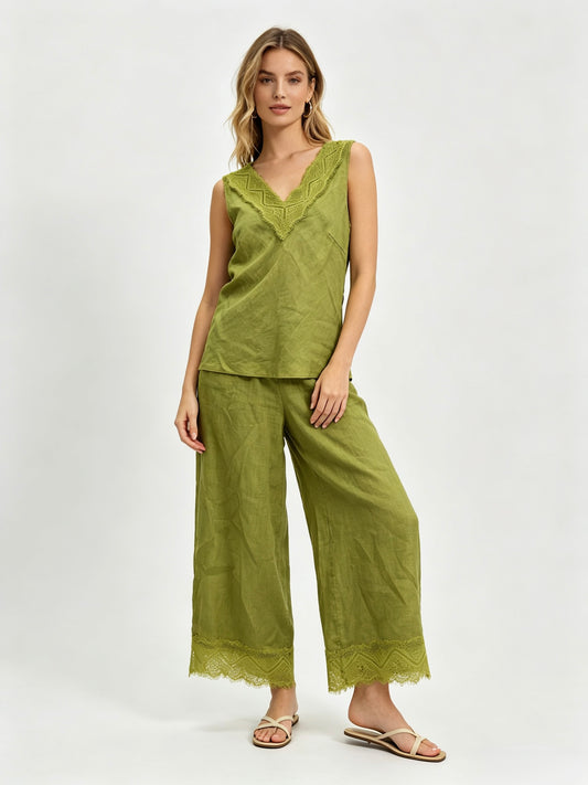 CANOTTIERA 100% DI LINO SCOLLO V CON PIZZO