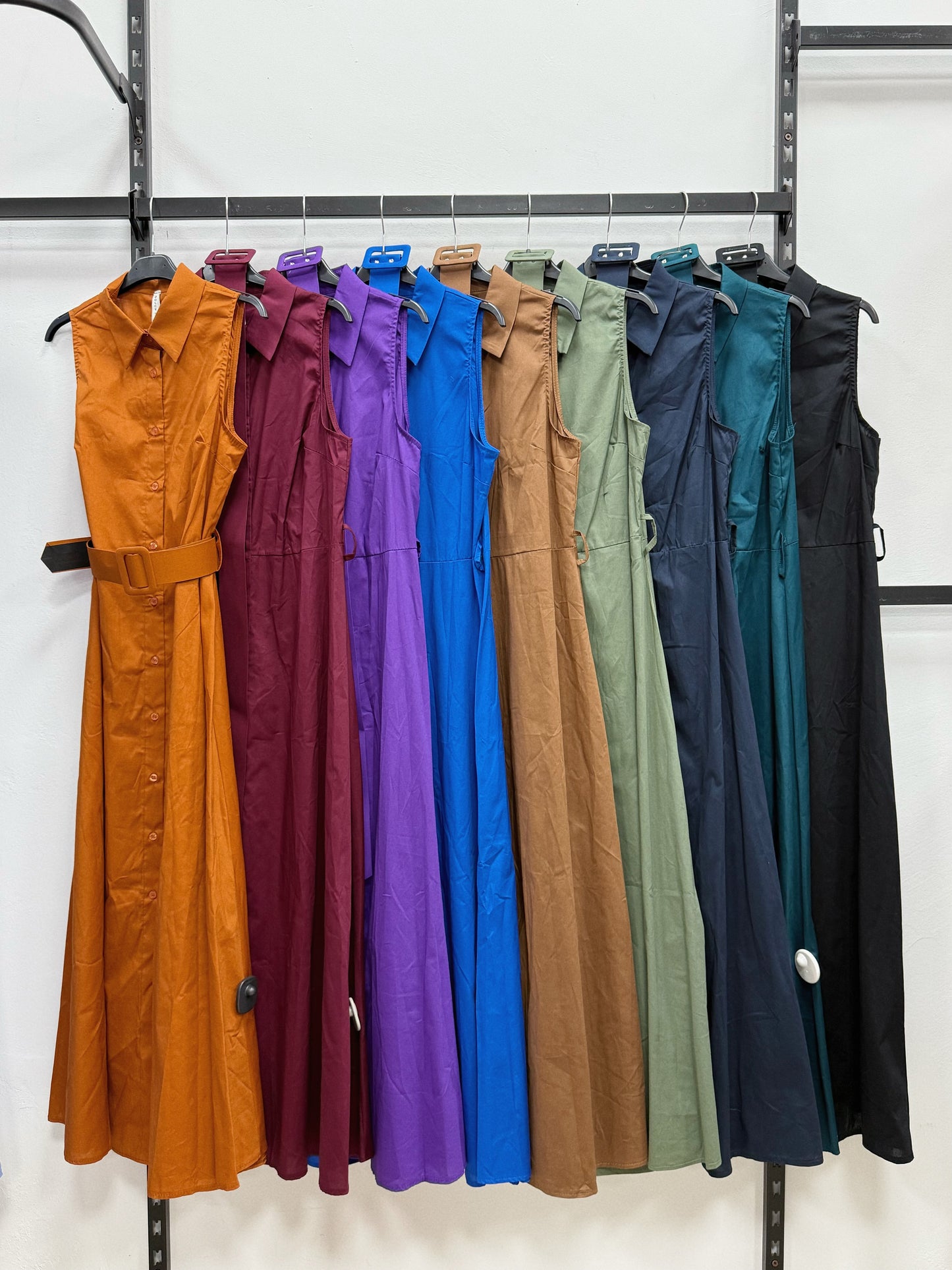 VESTITO LUNGO CON COLLETTO 100% DI COTONE A BOTTONI CON CINTURA