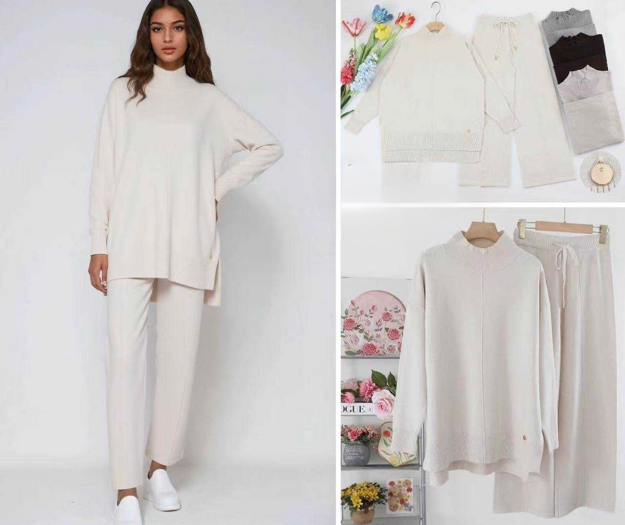 SET DI LANA MAGLIERIA A LUPETTO DI LATO SPACCATO E PANTALONE A GAMBE LARGHE TAGLIA CALIBRATA