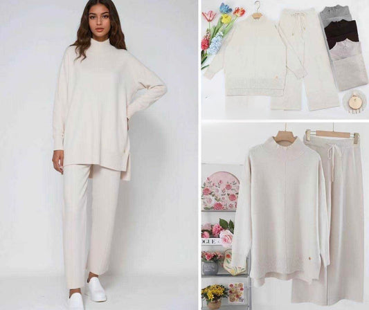 SET DI LANA MAGLIERIA A LUPETTO DI LATO SPACCATO E PANTALONE A GAMBE LARGHE TAGLIA CALIBRATA
