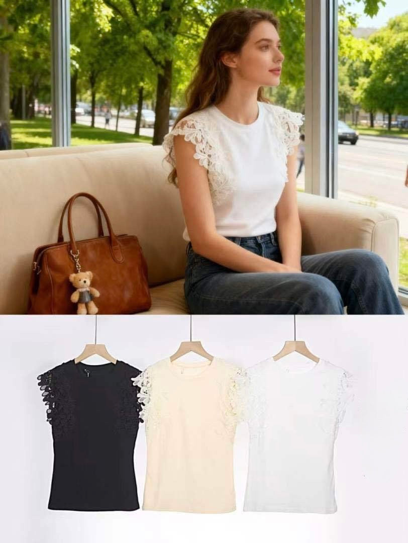 T-SHIRT A MANICHE CORTE IN PIZZO