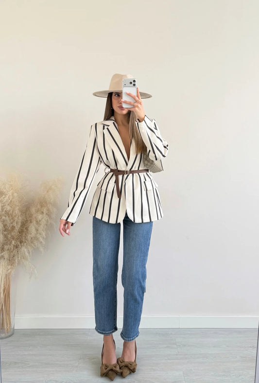 BLAZER A RIGHE IN CAMOSCIO CON CINTURA REGOLABILE