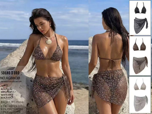 BIKINI TRIANGOLO CON COPPA E SOTTO PERIZOMA CON LACCI REGOLARE E PAREO CON PAILLETTES