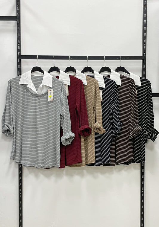 MAGLIETTA A MANICHE LUNGHE CON COLLO DI CAMICIA CURVA