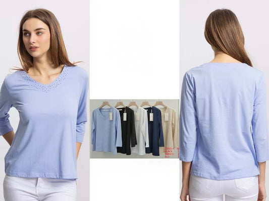 MAGLIETTA A MANICHE 3/4 SCOLLO V CON BRILLANTINI DI COTONE