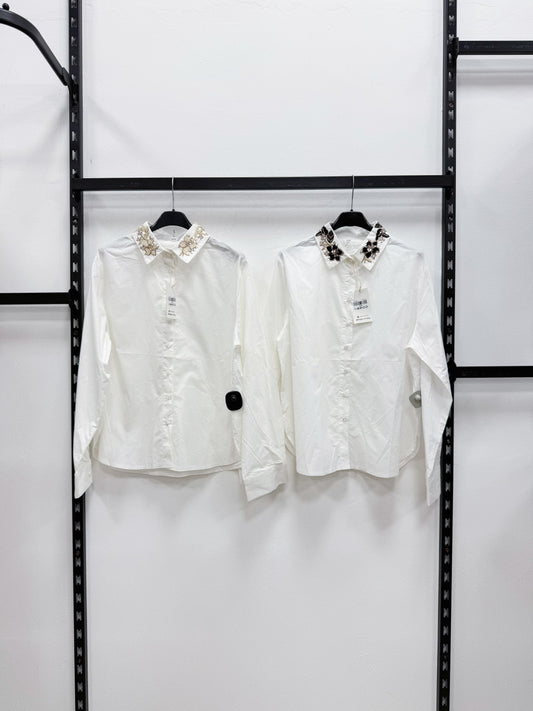 CAMICIA DI COTONE CON COLLETTO RICAMATO E PAILLETTES