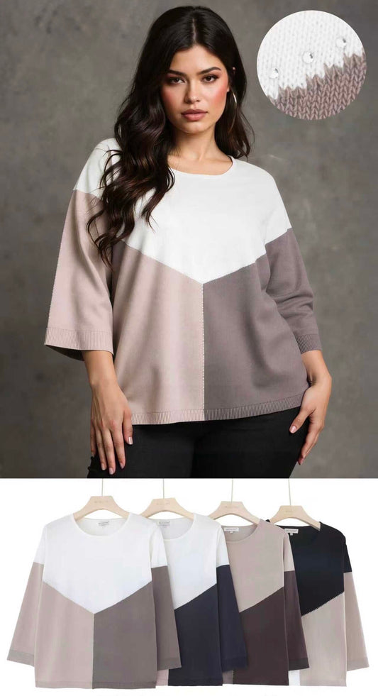 MAGLIETTA DI VISCOSA A MANICHE 3/4 DISEGNI AL BLOCCO DI COLORE