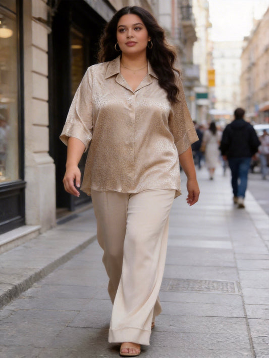 BLUSA DI RASO A FANTASIA LEOPARDATA A MEZZA MANICHE SCOLLO V TAGLIA CURVY