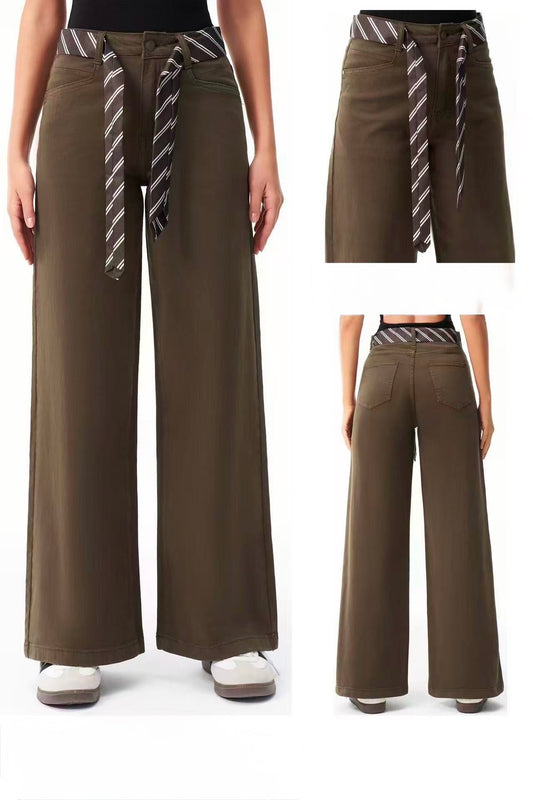 JEANS WIDE LEG MARRONE CON CRAVATTA