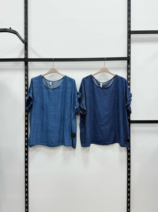 T-SHIRT DI JEANS LEGGERO A MANICHE CORTE VOLANT TAGLIA CURVY
