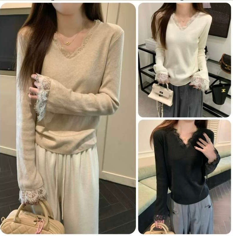 MAGLIA A MANICHE LUNGHE SUL POLSINO E SCOLLO V IN PIZZO