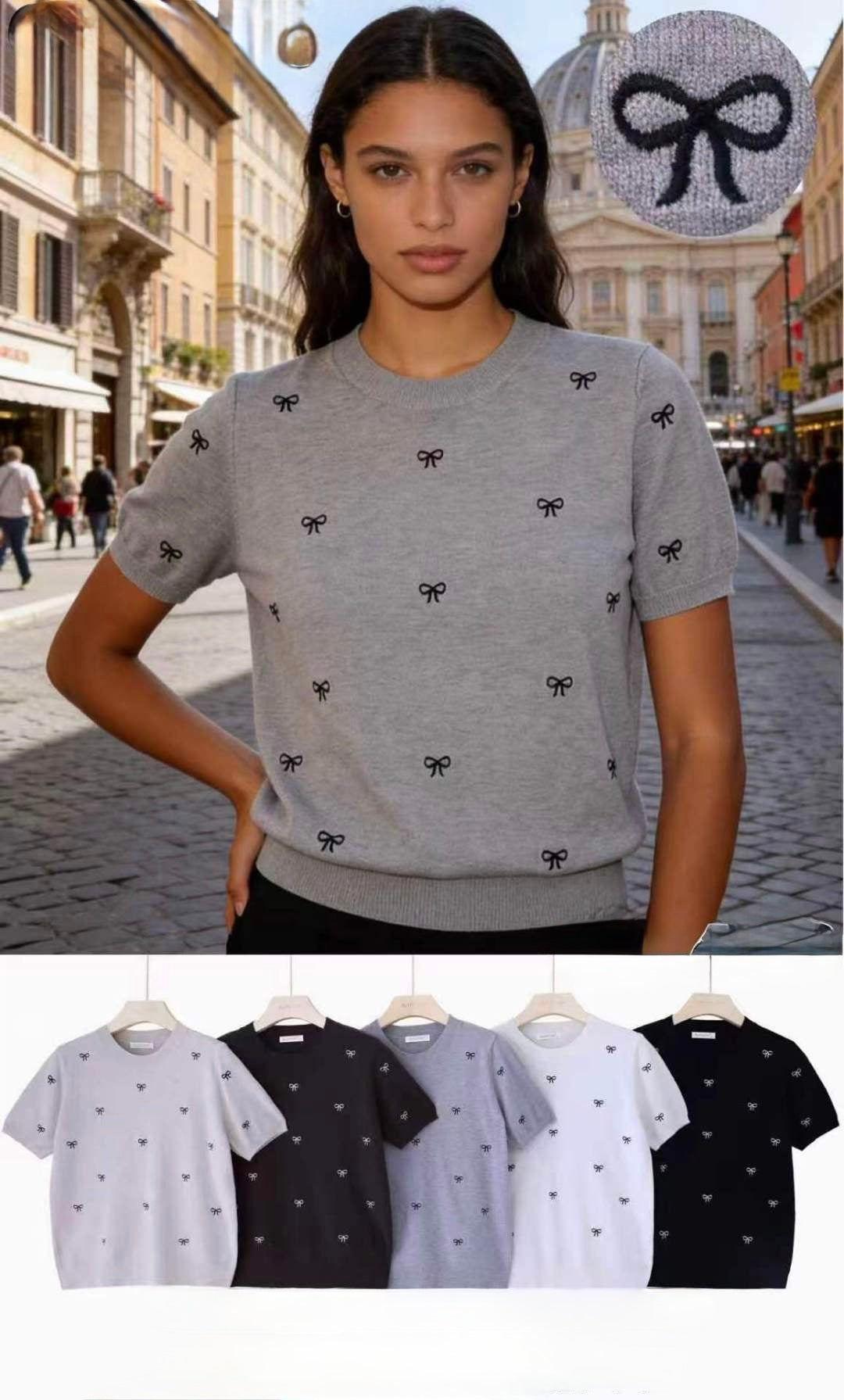 MAGLIONE DI LANA RASATA A MANICHE CORTE CON RICAMATO DI FIOCCHI