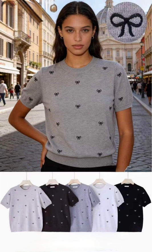MAGLIONE DI LANA RASATA A MANICHE CORTE CON RICAMATO DI FIOCCHI