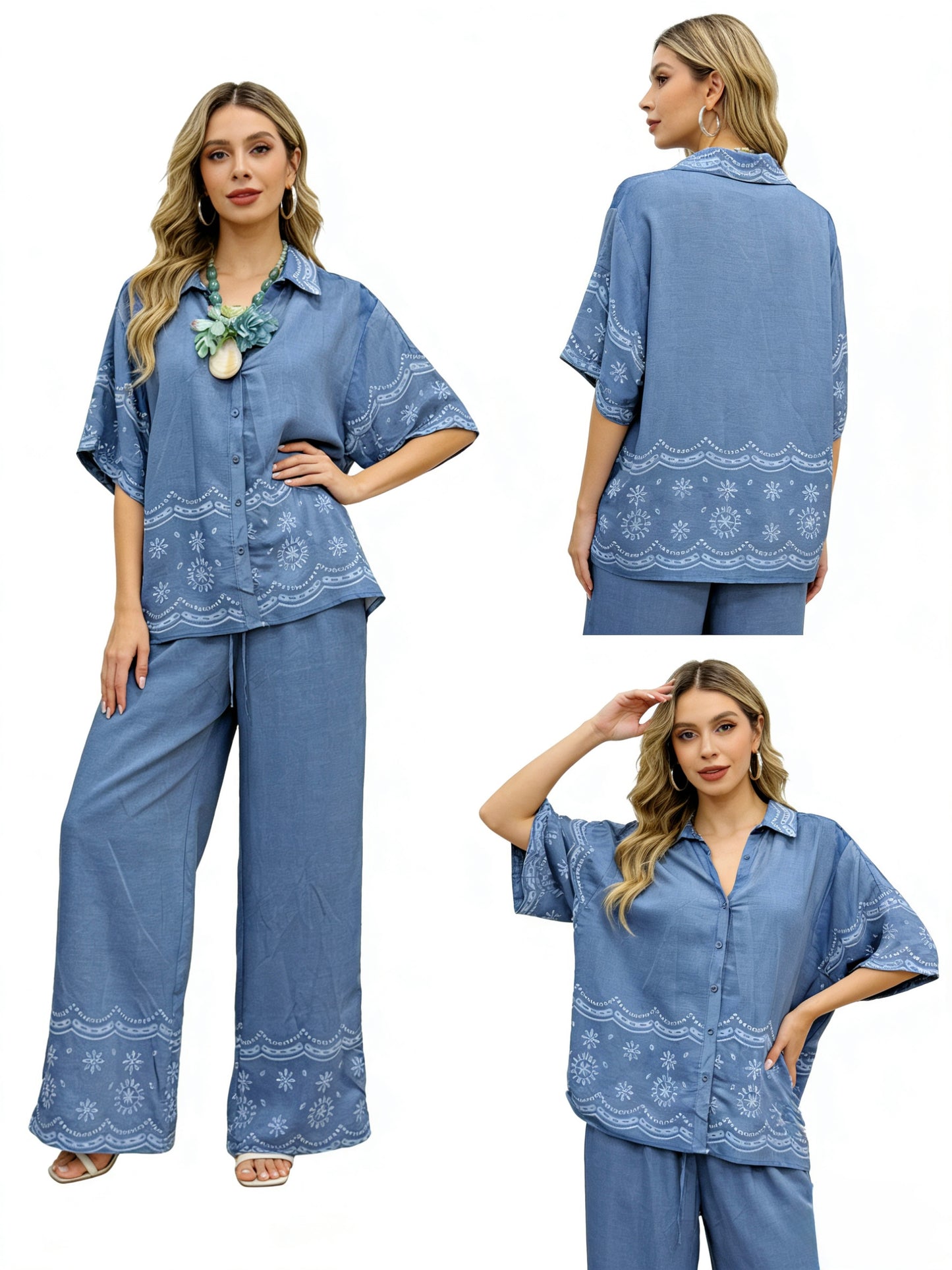 SET EFFETTO JEANS CAMICIA A MANICHE CORTE E PANTALONE A PALAZZO DISEGNI RICAMATO