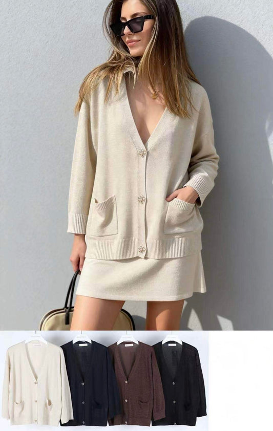 CARDIGAN DI VISCOSA SCOLLO V A MANICHE LUNGHE CON BOTTONI IN GIOIELLI IN LUREX