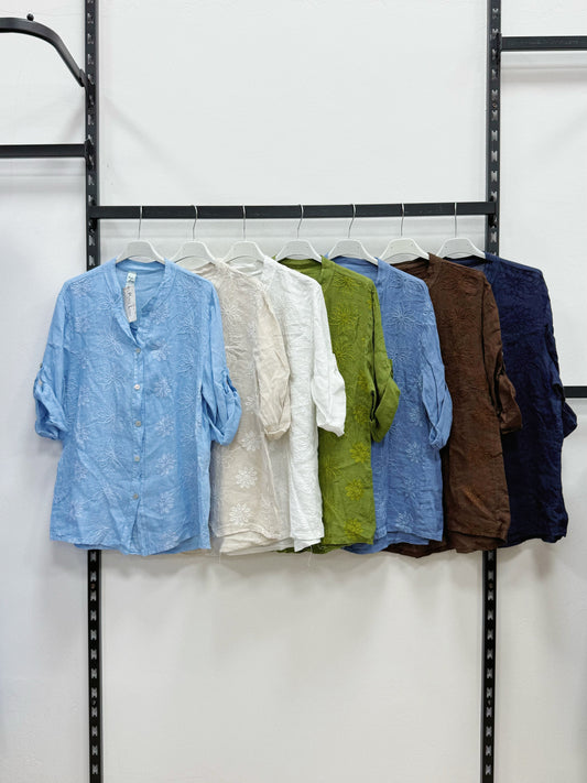 CAMICIA 100% DI LINO A COLLO COREANO CON RICAMATO FIORI
