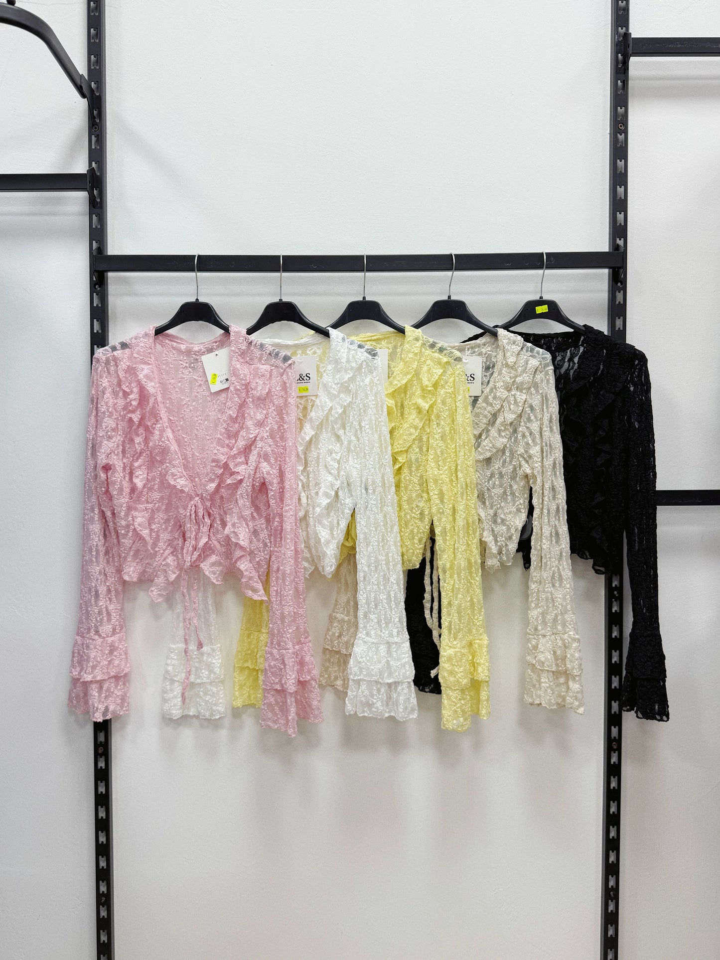 CARDIGAN CORTO IN PIZZO A MANICHE LUNGHE A VOLANT