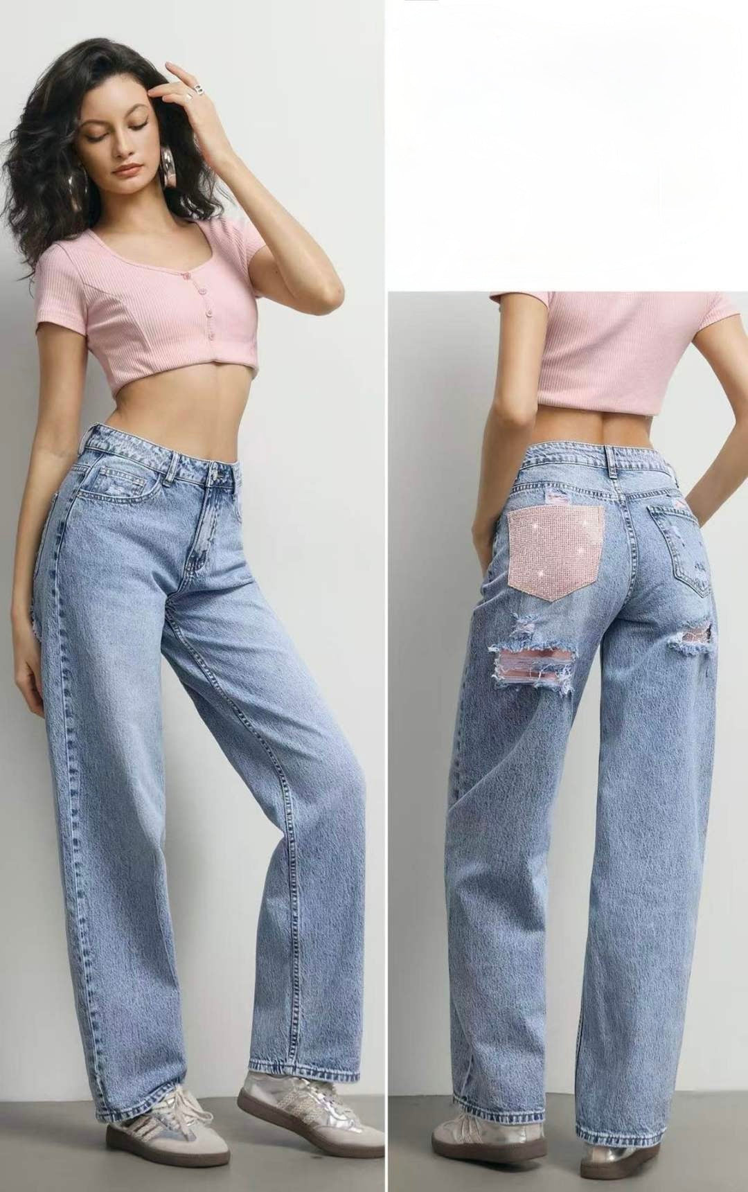 JEANS A WIDE LEG CON TASCA ROSSE CON BRILLANTINI POCO STRAPPI