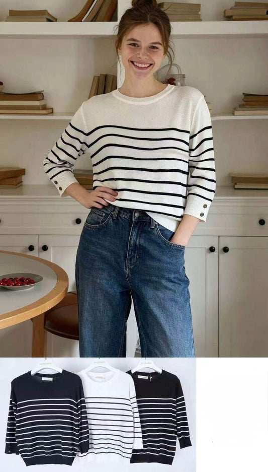 MAGLIETTA DI VISCOSA A RIGHE A MANICHE 3/4 CON BOTTONI