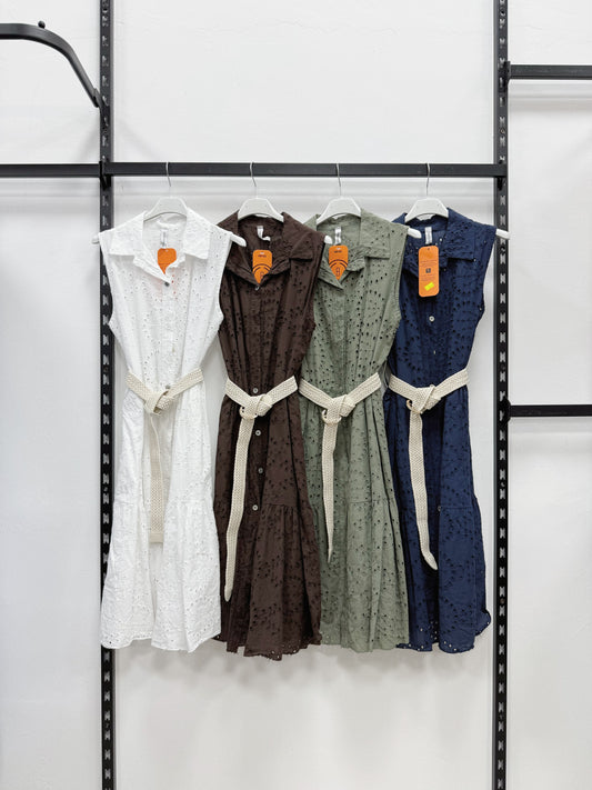 VESTITO DI PIZZO SANGALLO 100% DI COTONE  CON CINTURA