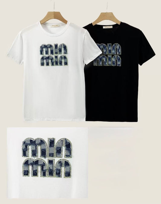 T-SHIRT CON SCRITTA MIU IN TESSUTO JEANS CON BRILLANTINI